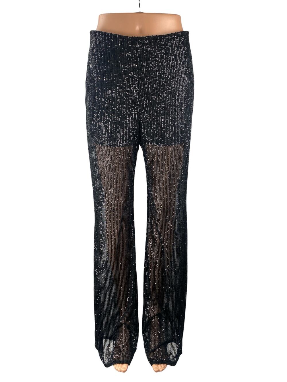 NEW Nasty Gal Women's Black Sequin Sparkly Sheer Wide Leg Trousers Pants Size 8